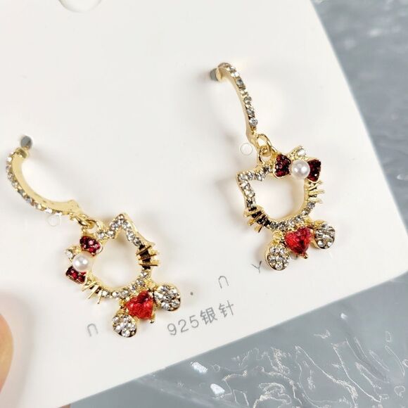Brand New S925 Silver Rhinestone Hello Kitty Red Heart Earrings - Picture 5 of 7